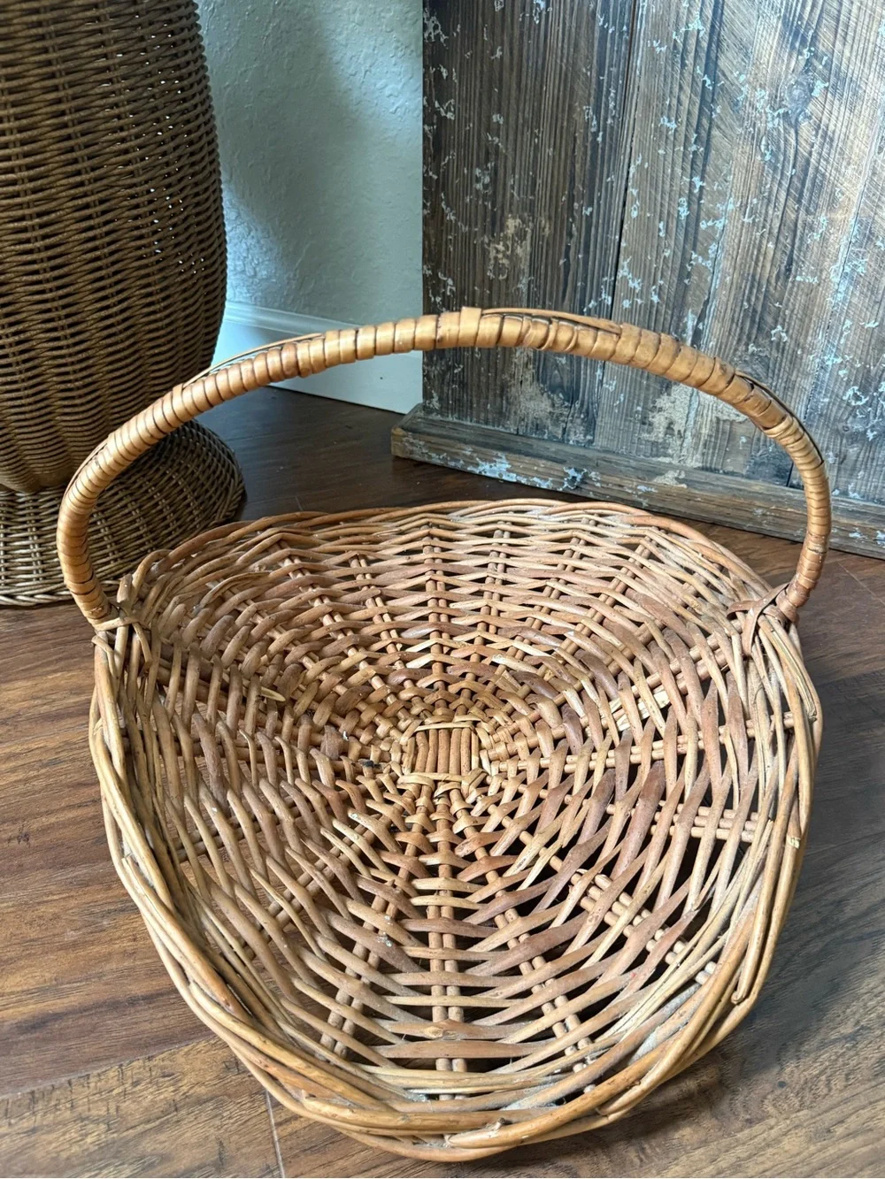 Large Mid Century French Style Flower Gathering Wicker Basket with Handle